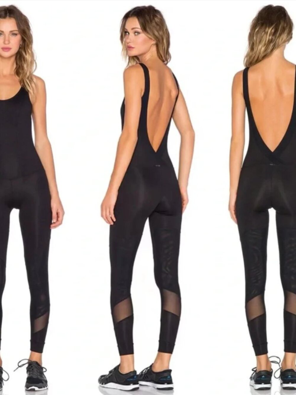 Koral Activewear Vector Backless Jumpsuit Mesh Paneled Ultra Low V Back Black S